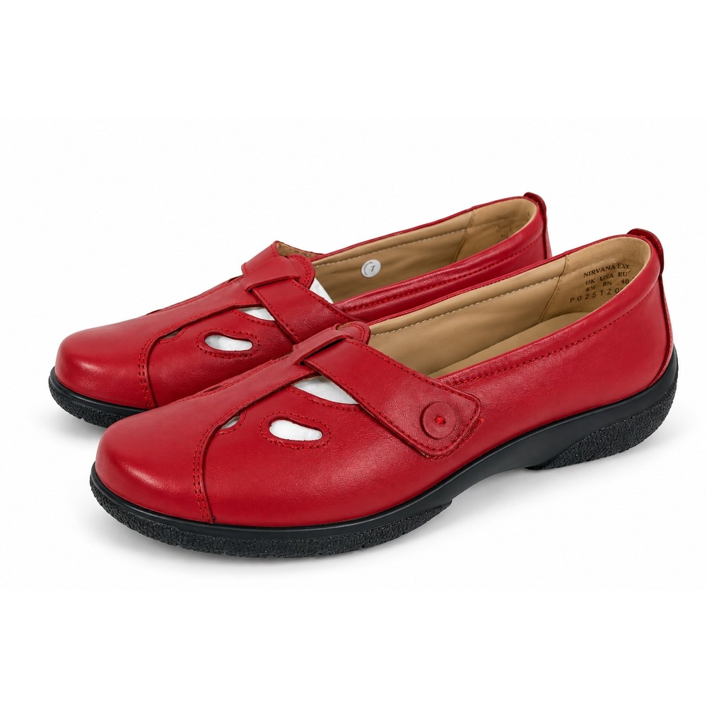 Hotter Nirvana Wide Red Leather T-Strap Comfort Flats Shoes Womens 8.5 W EU 40